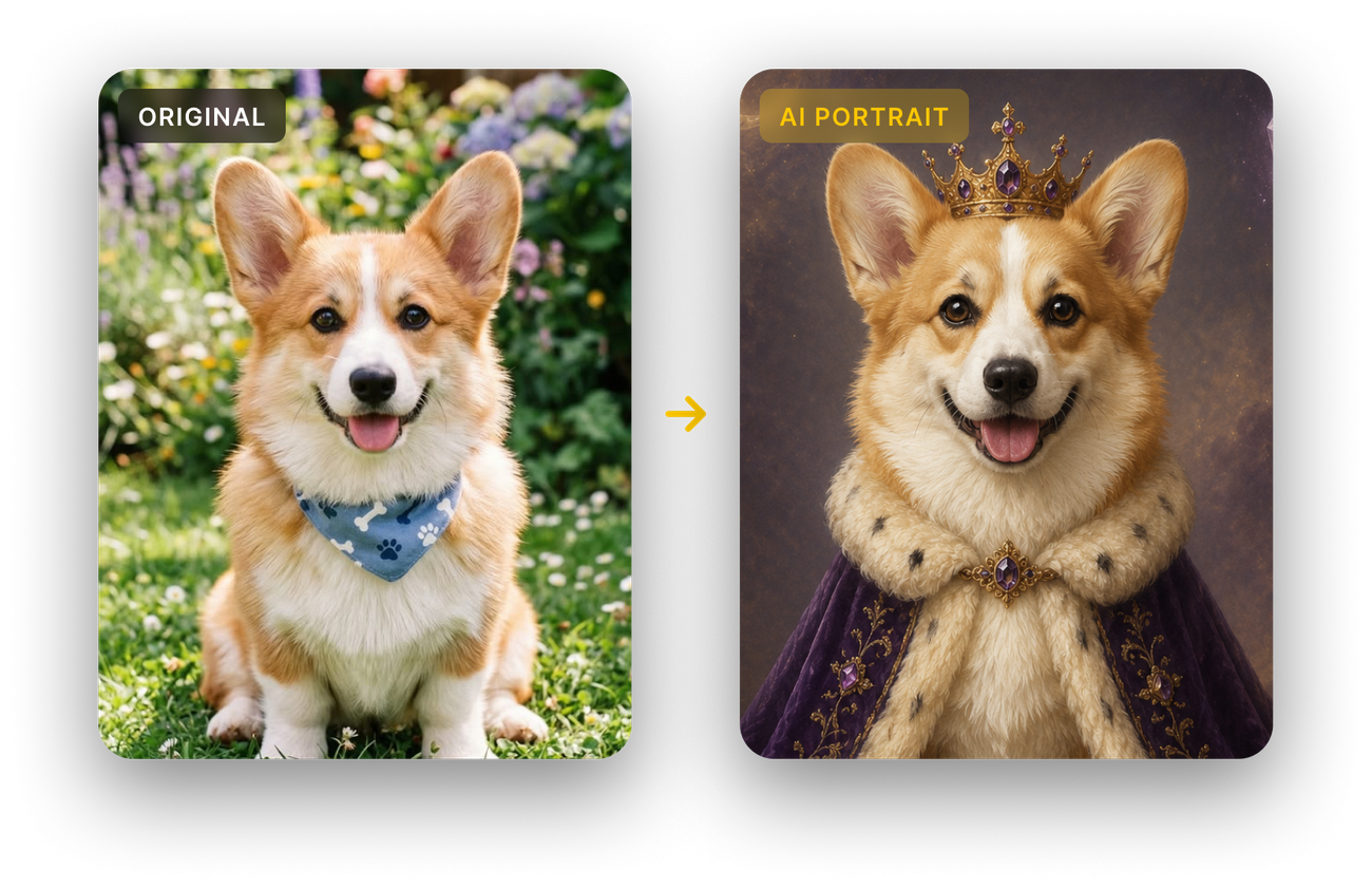 AI dog portraits Corgi before and after