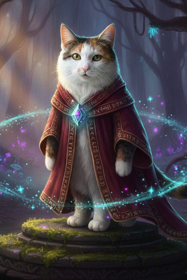 A calico cat as a wizard in a glowing enchanted forest