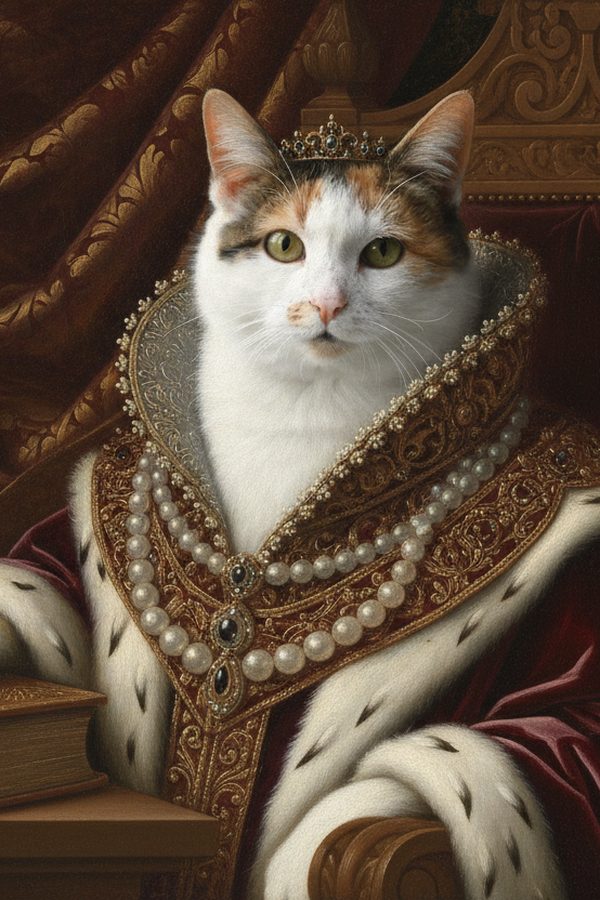 The same calico cat as an AI Renaissance portrait with a crown, pearls and an ermine robe