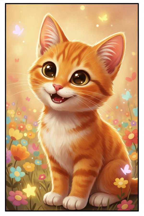 The ginger kitten as a cartoon character in a flower field