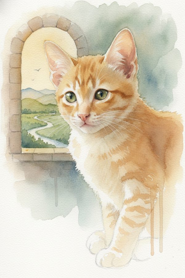 A ginger kitten painted in soft watercolor, the gentle style for a memorial portrait