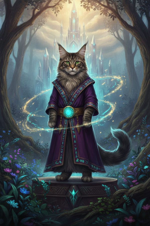 The Maine Coon as a wizard in an enchanted forest