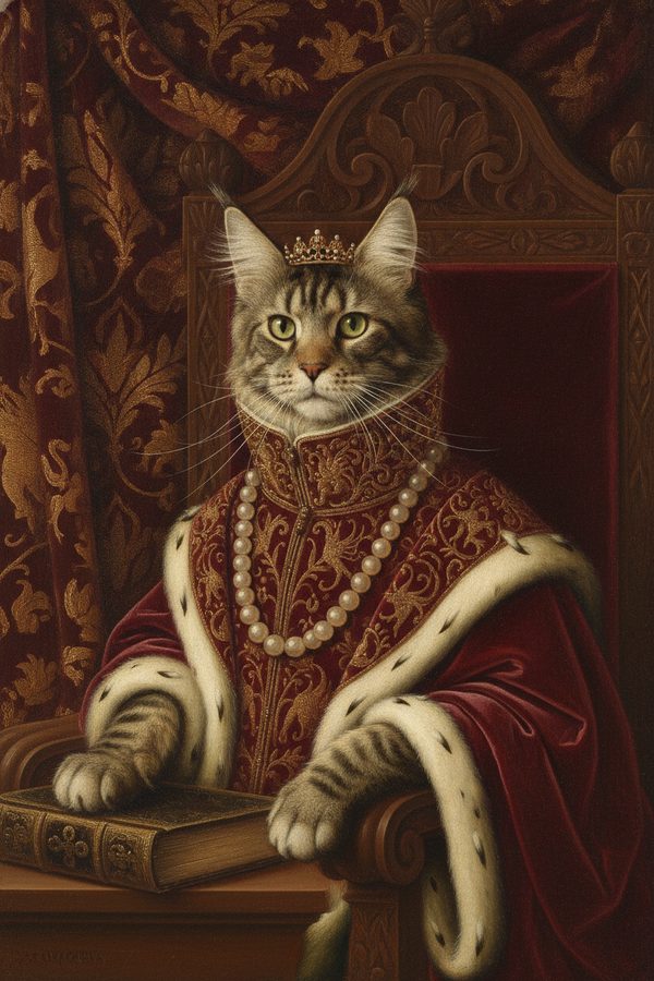 A Maine Coon cat as a Renaissance noble in a red velvet robe