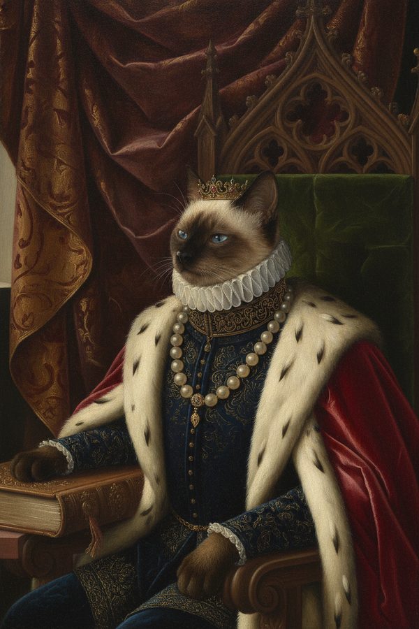 The Siamese cat as a Renaissance noble on a throne