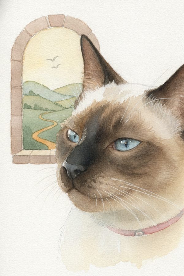 A Siamese cat painted in soft watercolor washes