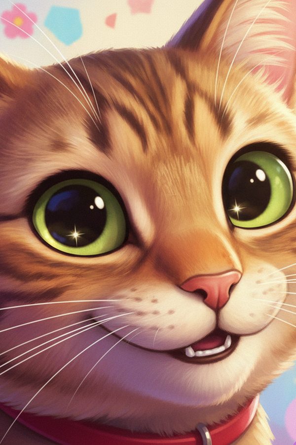 A tabby cat as a bright 3D cartoon character with big green eyes