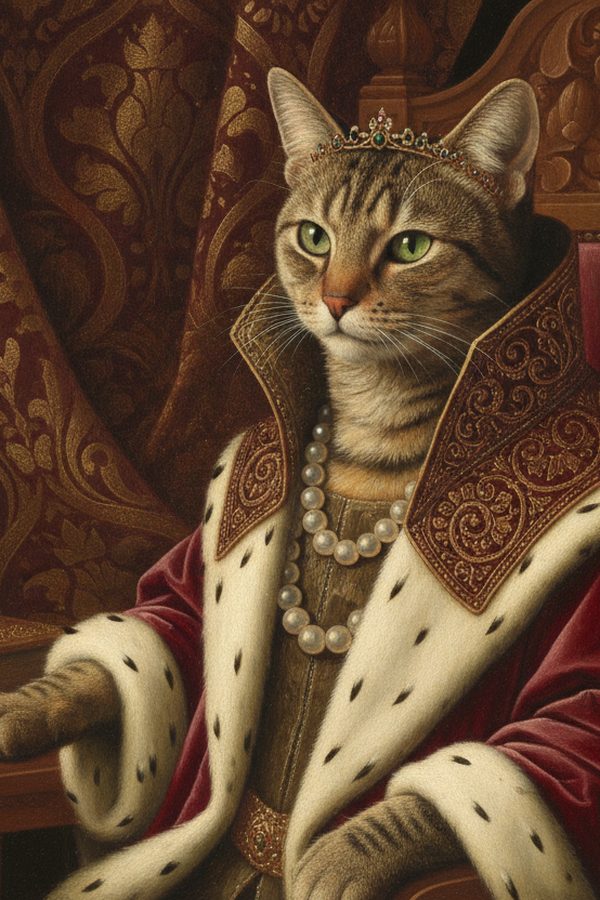 The tabby cat as a Renaissance noble with pearls