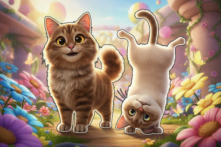 Both cats as cartoon characters in a flower garden