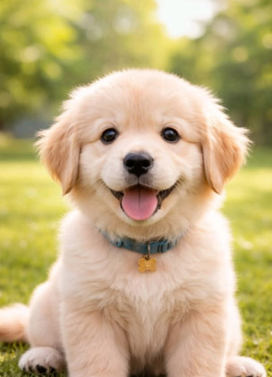 A real photo of a golden puppy sitting on grass