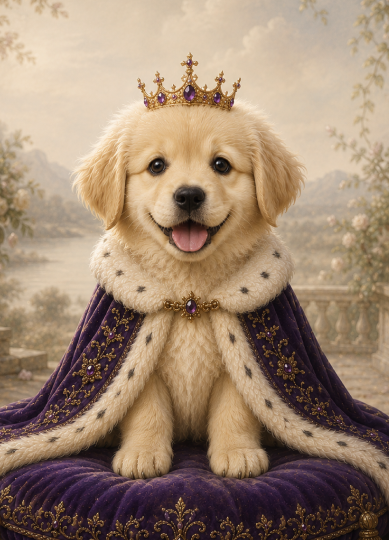 The same puppy as an AI Renaissance portrait with a crown and royal robe