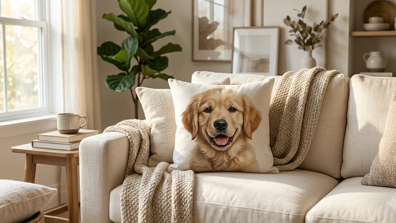 Custom dog portrait throw pillow and blanket